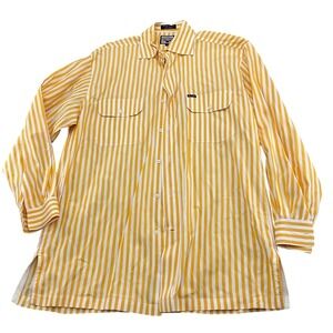 Falconnable Blouse Women Large Yellow White Stripe Flap Pockets Classic Vintage